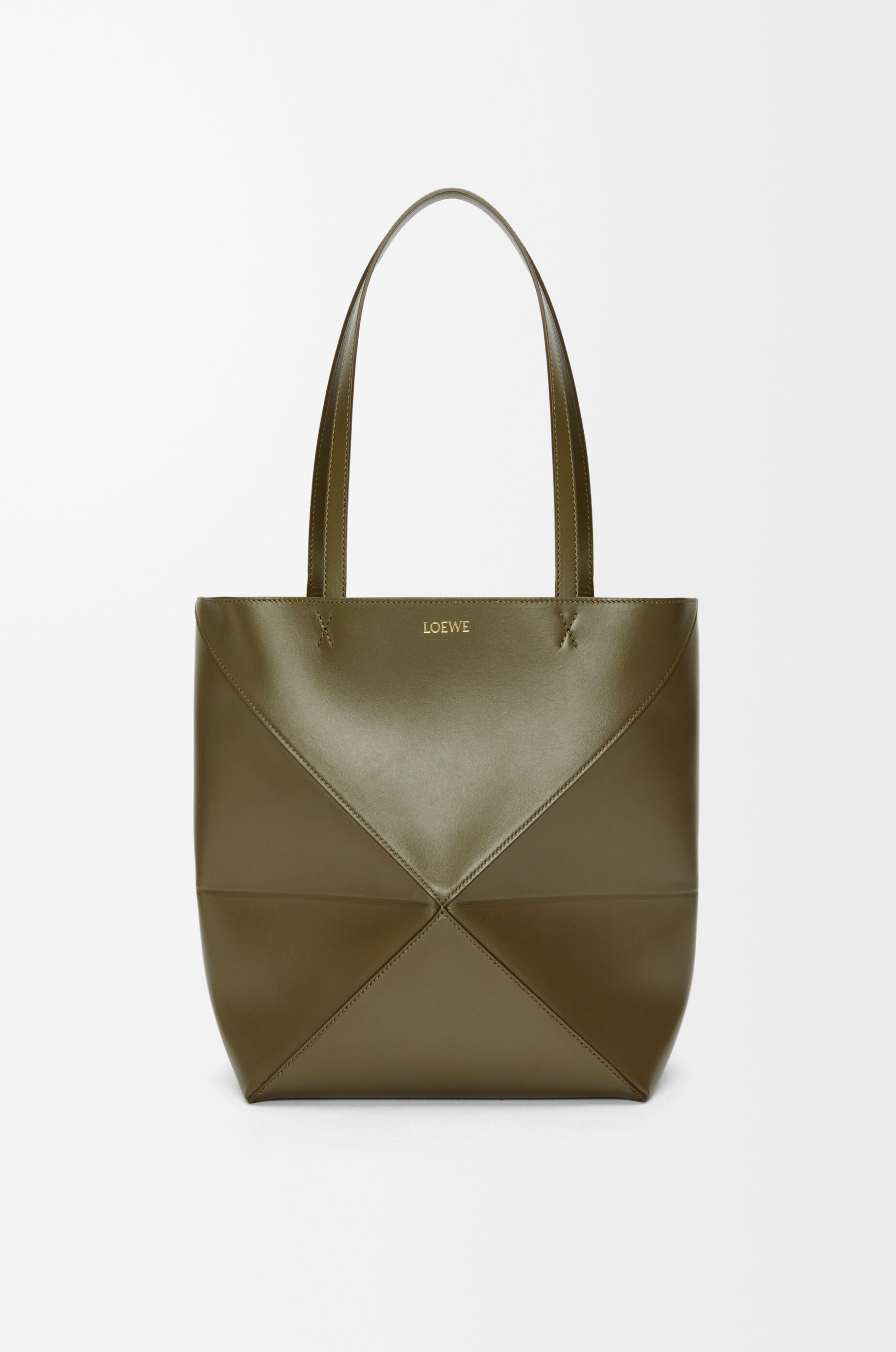 Medium Puzzle Fold tote in shiny calfskin Dark Khaki - LOEWE