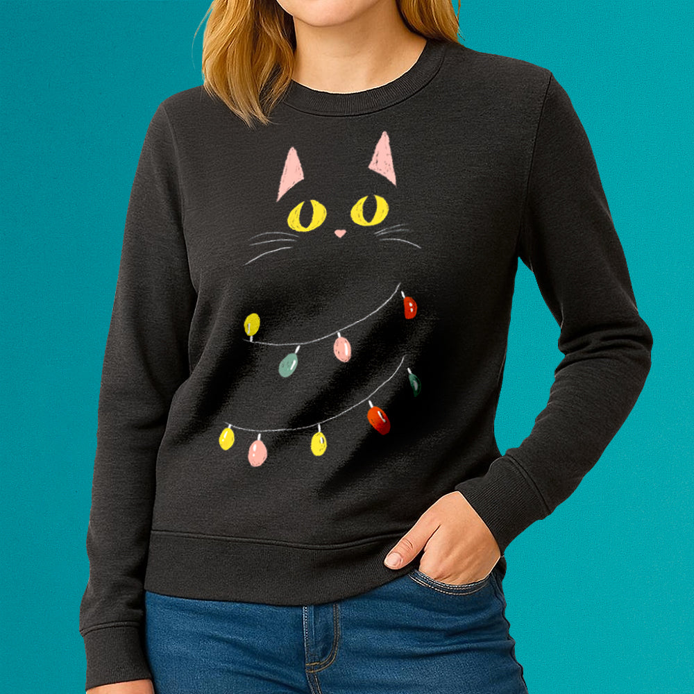 Festive Black Cat Crewneck Sweatshirt | Holiday Christmas Gifts