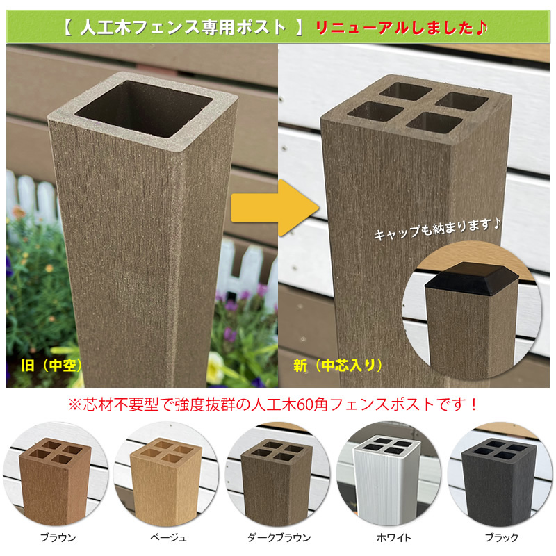メンテナンス不要の人工木60角フェンスポストNEW 1200ダーク