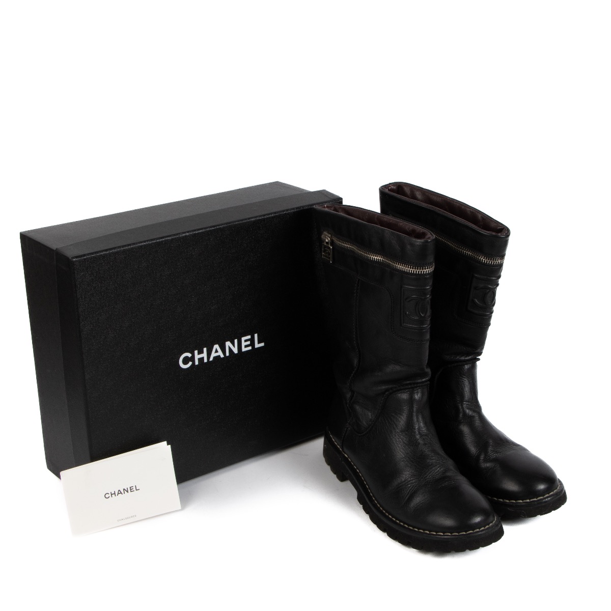 Chanel Black Leather CC Zipper Biker Boots - Size 37 ○ Labellov