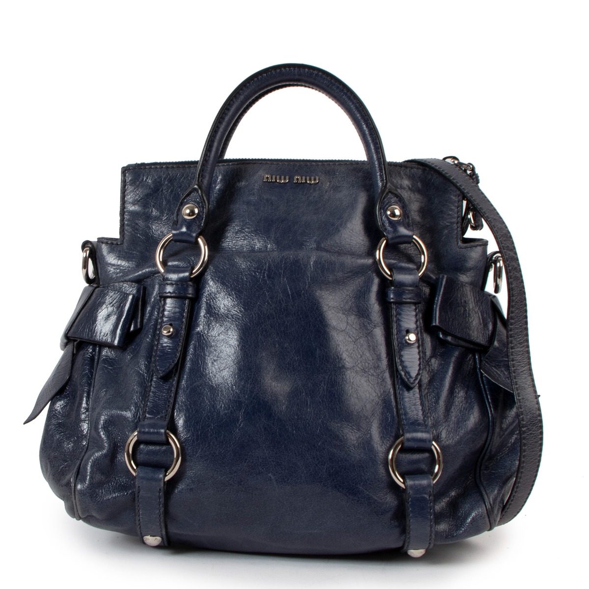 Miu Miu Blue Vitello Lux Bow Small Handbag ○ Labellov ○ Buy and