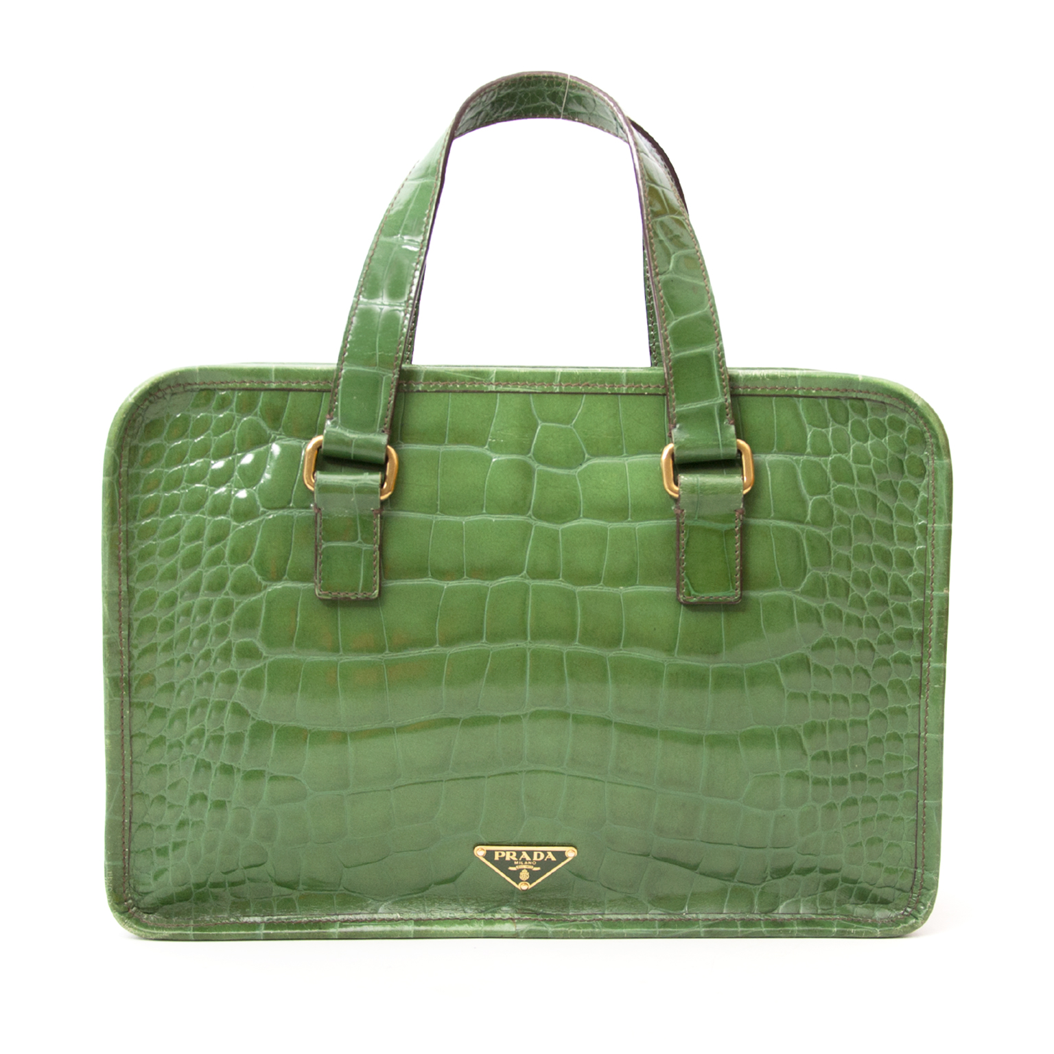 Prada Green Croc-Embossed Leather St. Coco Bauletto Top Handle Bag