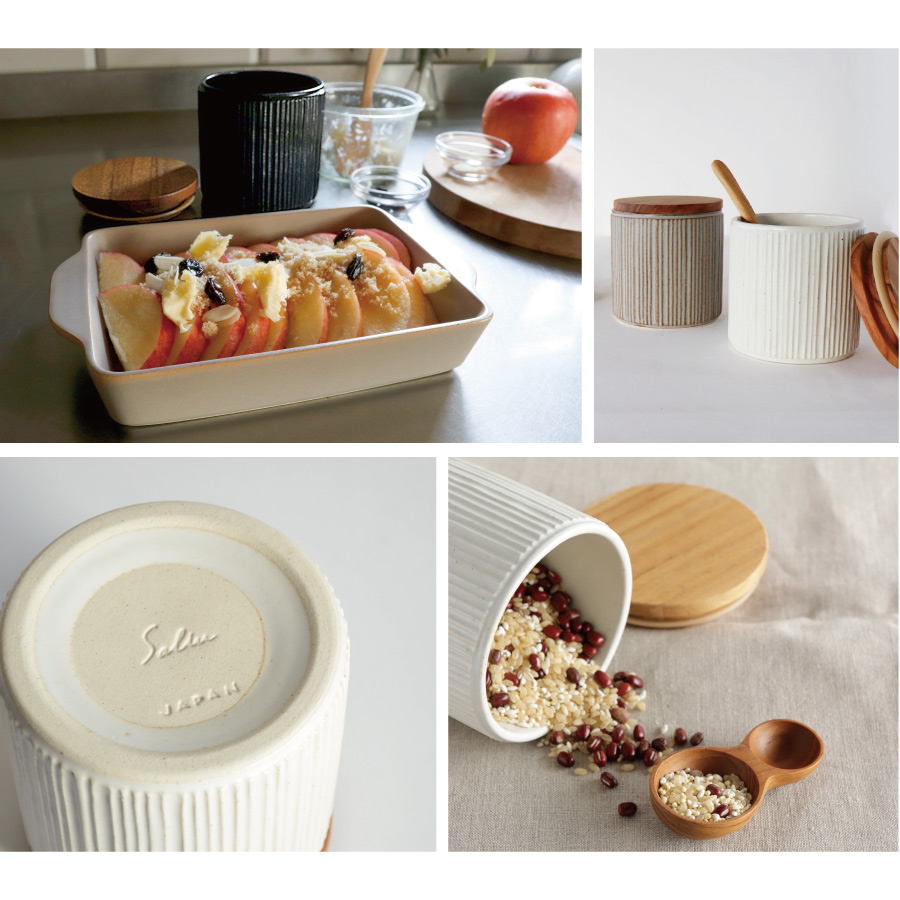 SALIU】キャニスター SA00 しのぎ チーク材 削ぎ 木蓋 陶器 LOLO ロロ