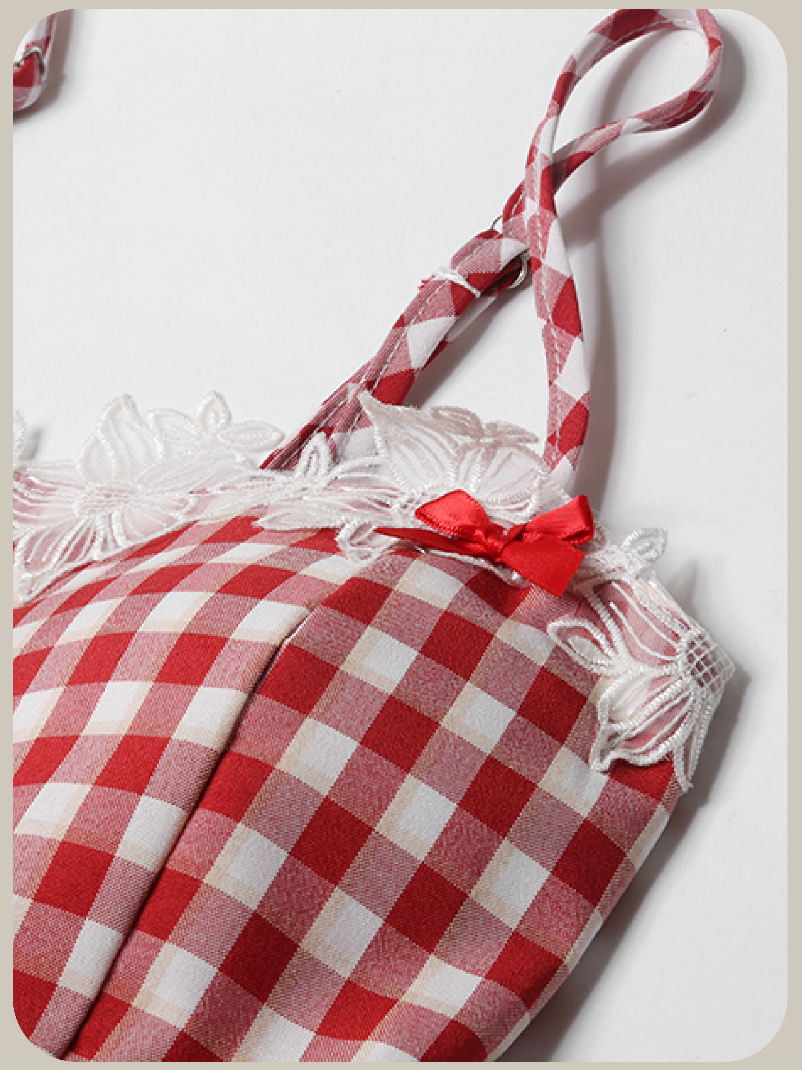 Lace Stitching Red Check Cami Dress/レースステッチレッドチェック