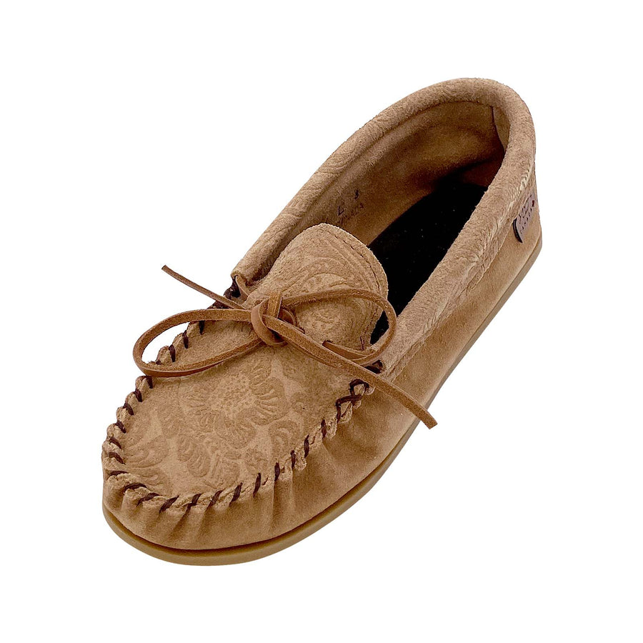 Womens Floral Embossed Mocka Brown Genuine Suede Casual Moccasin