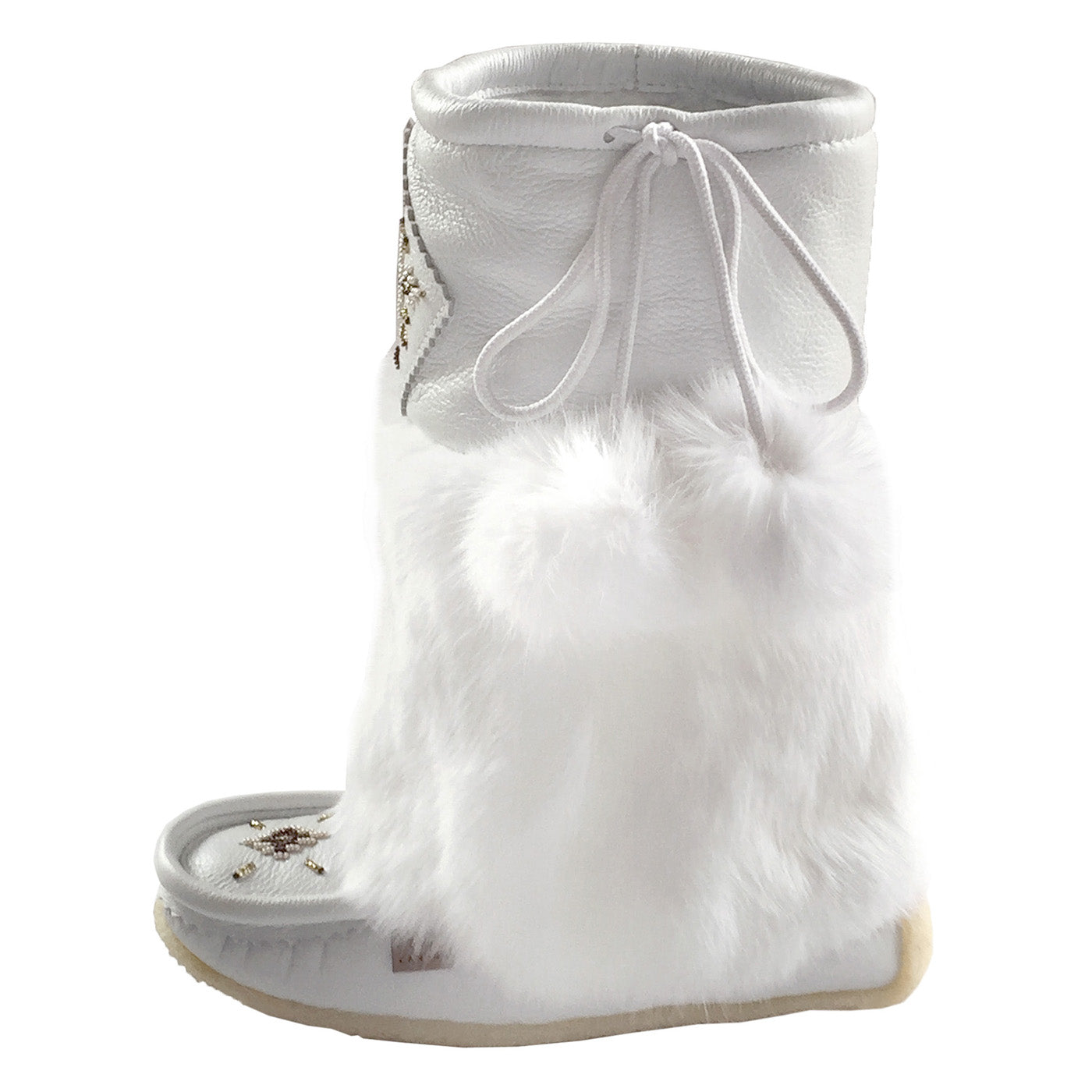 Women's White Mid Calf Real Rabbit Fur Beaded Mukluk Winter Boots