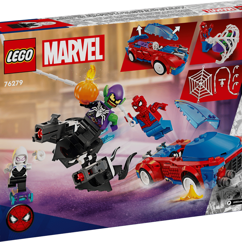 スパイダーマンのレースカーとヴェノム化したグリーンゴブリンの対決