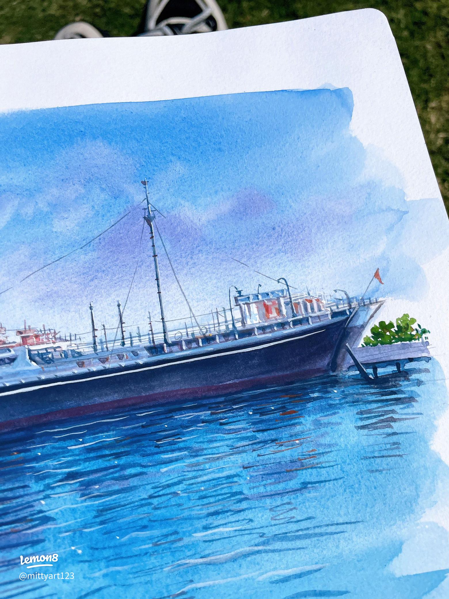 横浜の風景を水彩画で表現：冰川丸