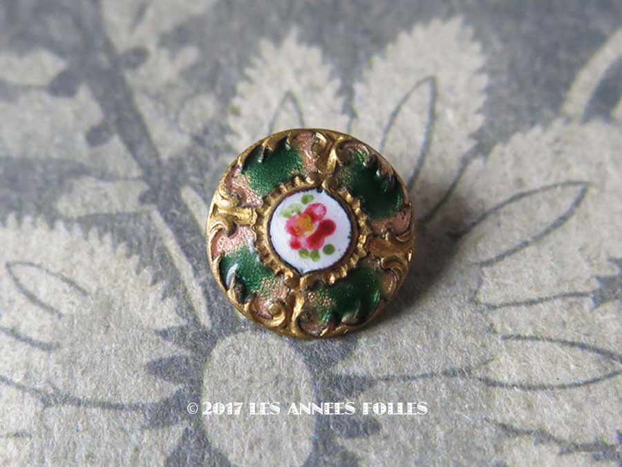 アンティーク エナメル ボタン 薔薇 ハンドペイント グリーン
