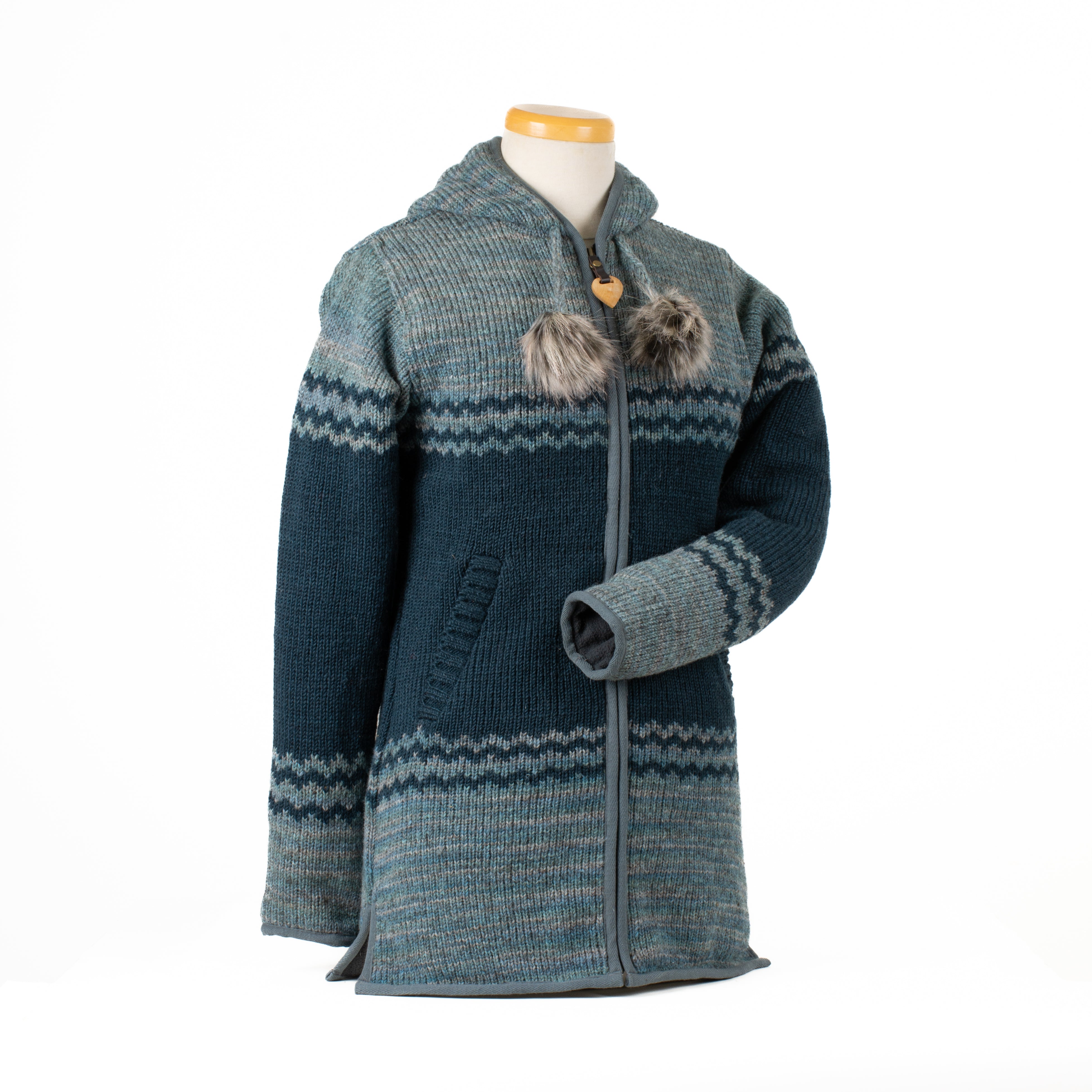 Yoko Sweater/Coat - Unique Space Dyed Yarn, Faux Fur Pompoms 100