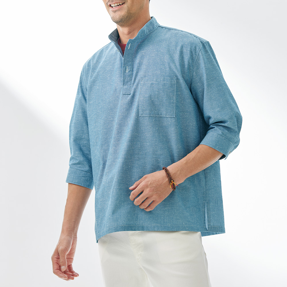 近江屋 久留米織スタンドカラー七分袖プルオーバーシャツ | ライト