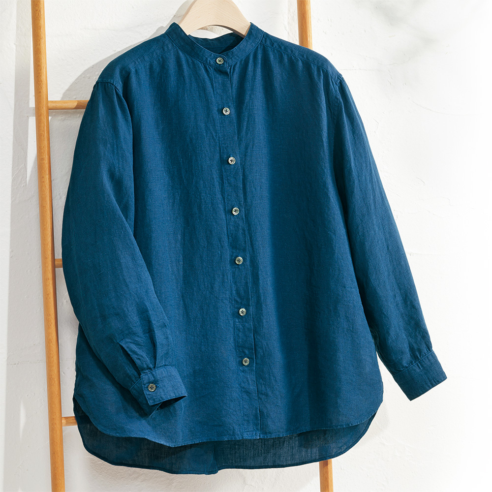 壺草苑 天然藍染・バンドカラーリネンシャツ | ライトアップオンライン