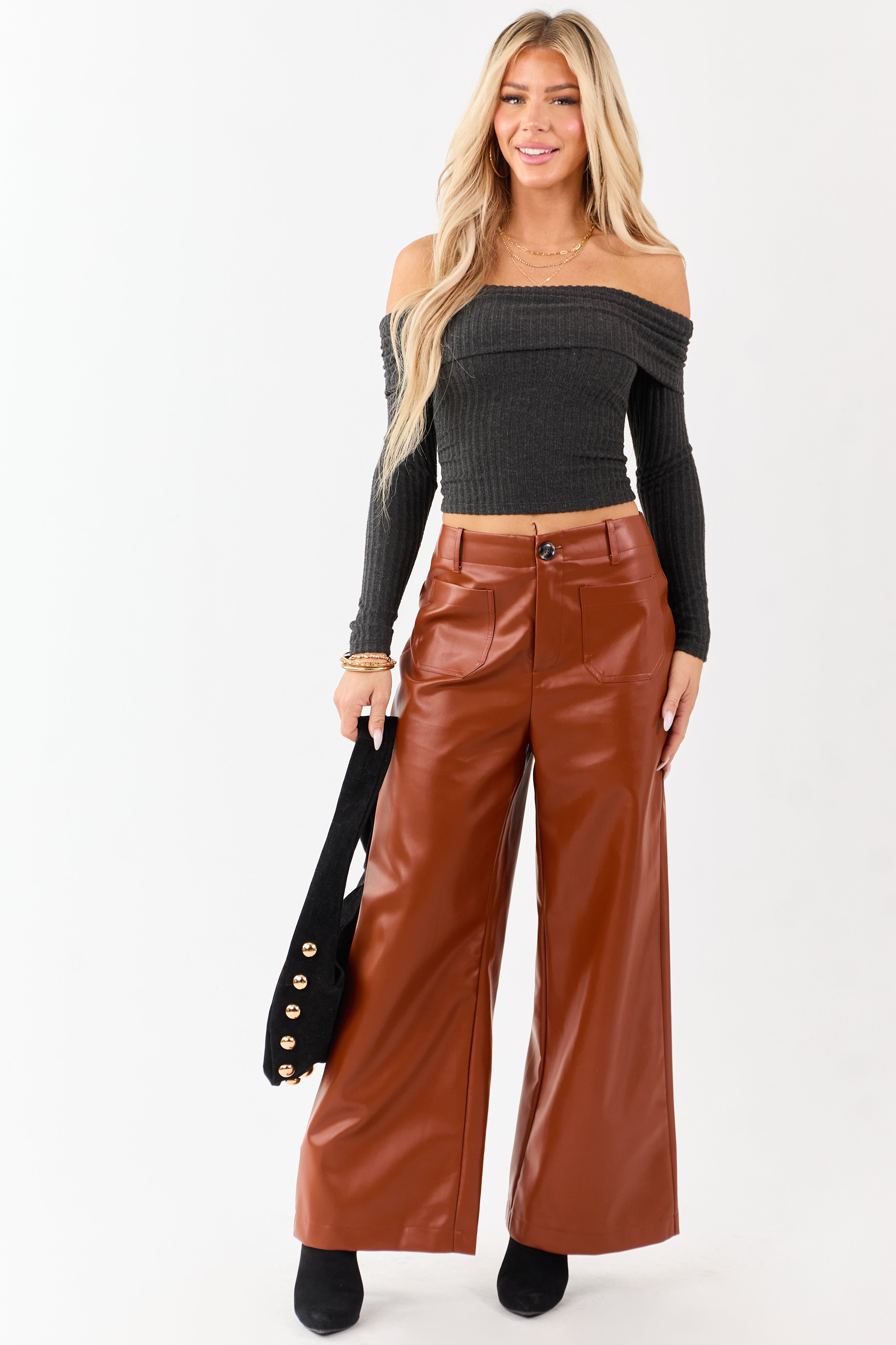 Lovelo Rust Faux Leather Wide Leg Pants | Lime Lush Boutique