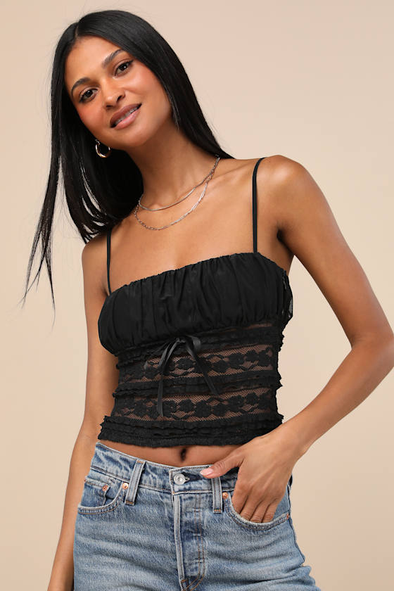 Black Mesh Cami Top - Sheer Lace Cami Top - Ruffly Lace Cami - Lulus