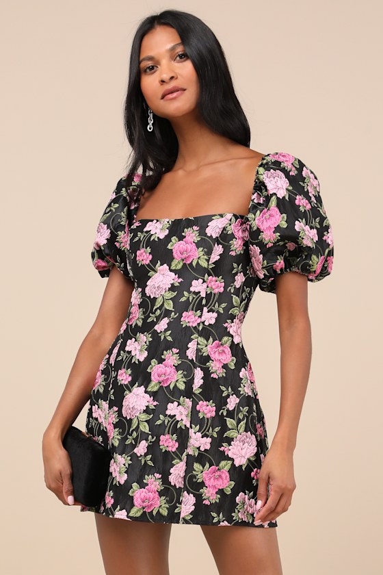 Black Floral Dress - OTS Puff Sleeve Dress - Jacquard Mini Dress