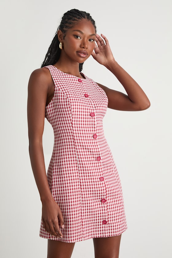 Red Gingham Dress - Button-Front Mini Dress - Tweed Mini Dress - Lulus