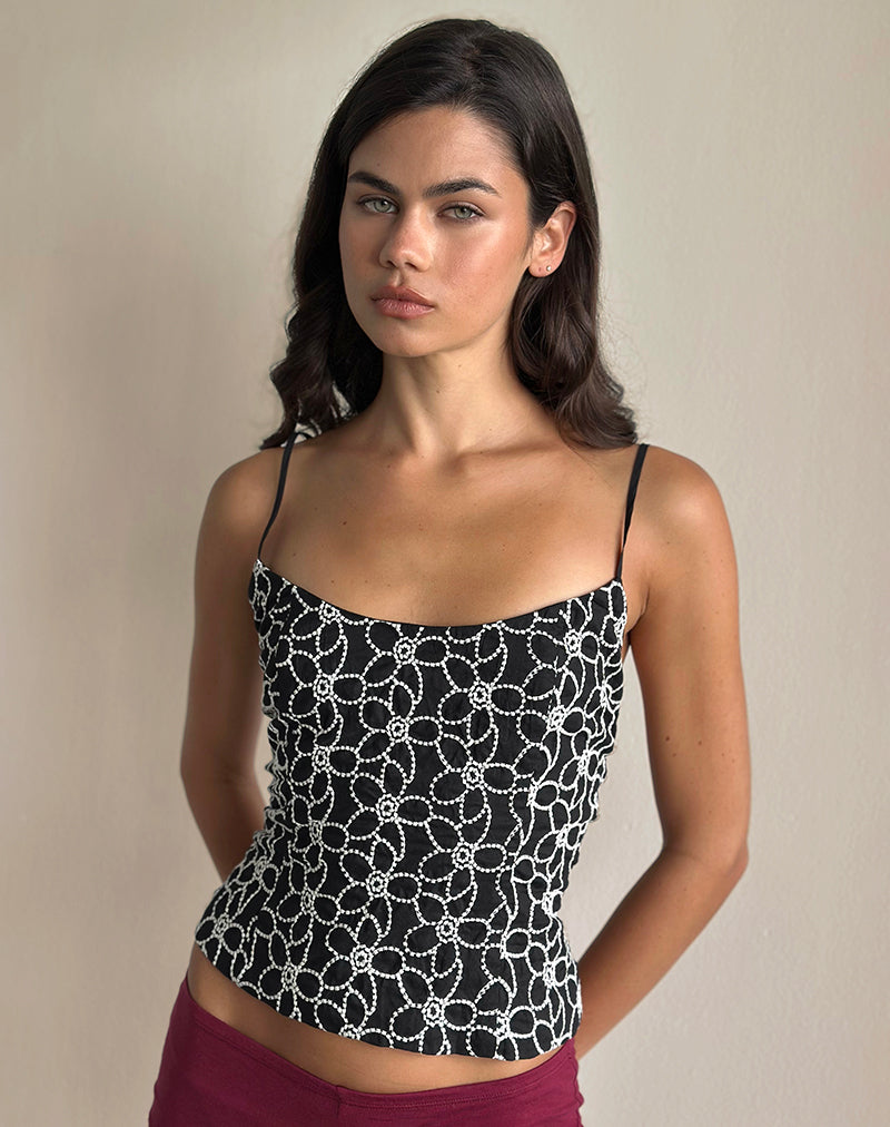 Black Flower Embroidered Open Back Cami Top | Florina – motelrocks.com