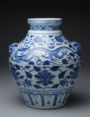 青花龍纏枝牡丹紋雙耳罐