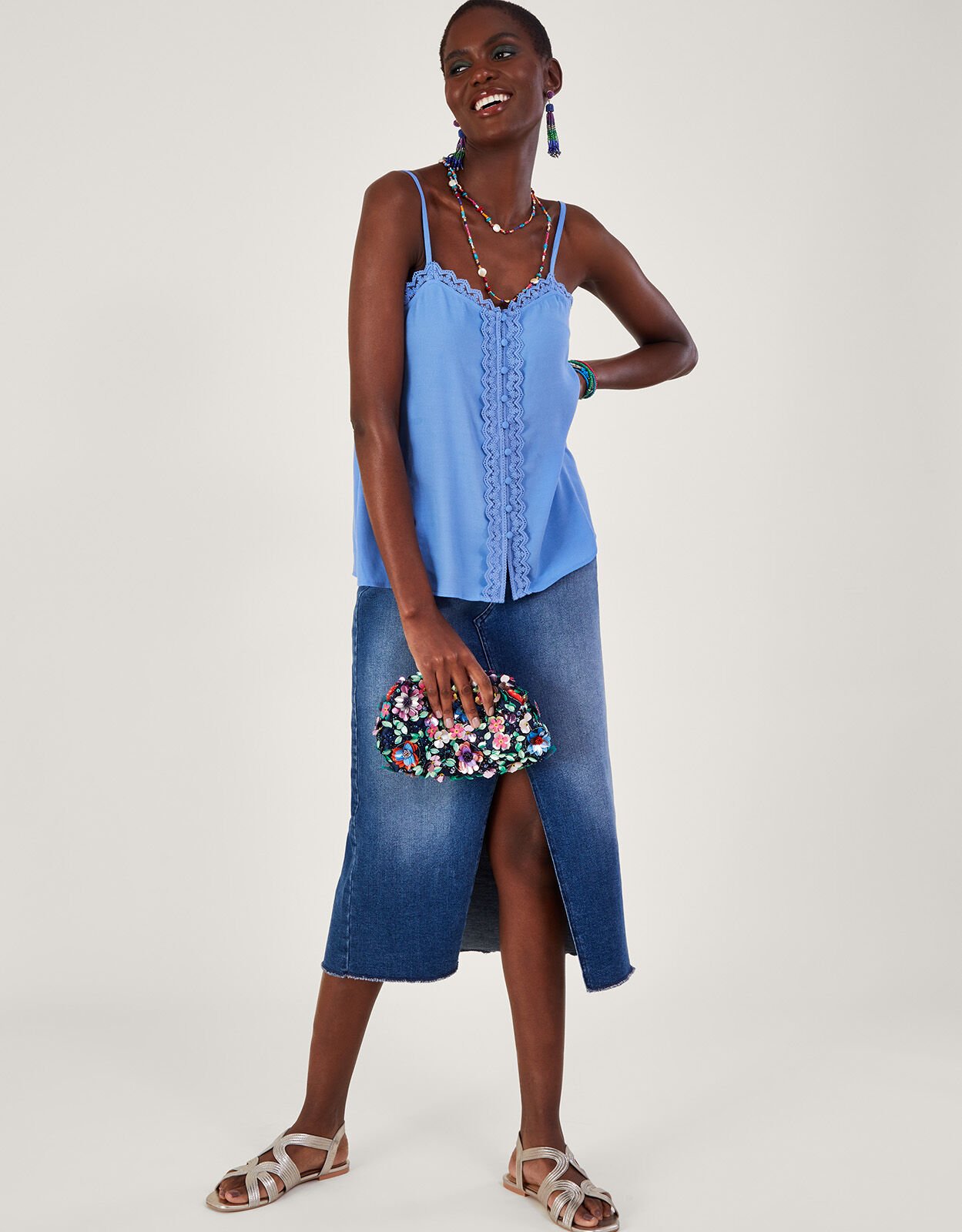 Leila Lace Button-Through Cami Top Blue