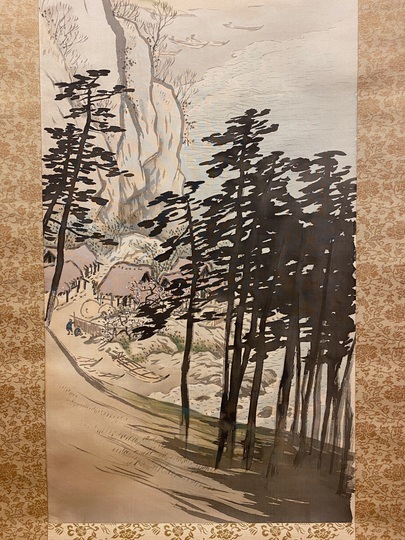 掛け軸 山村晴日・幽谷・帰漁図風 掛け軸 山村晴日・幽谷・帰漁図風