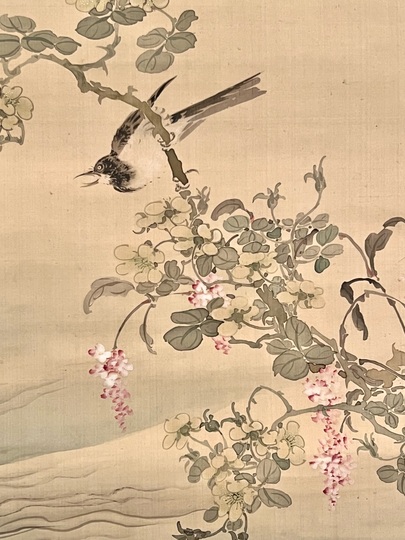 真作】掛軸 軍鶏図 細密彩色花鳥画 秋の風趣 写実花鳥画 合箱入 T108