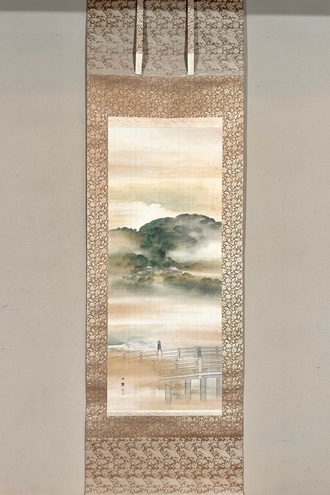 水面照月図】塩川文麟 1011 水面に映る月 掛け軸 肉筆 水面照月図