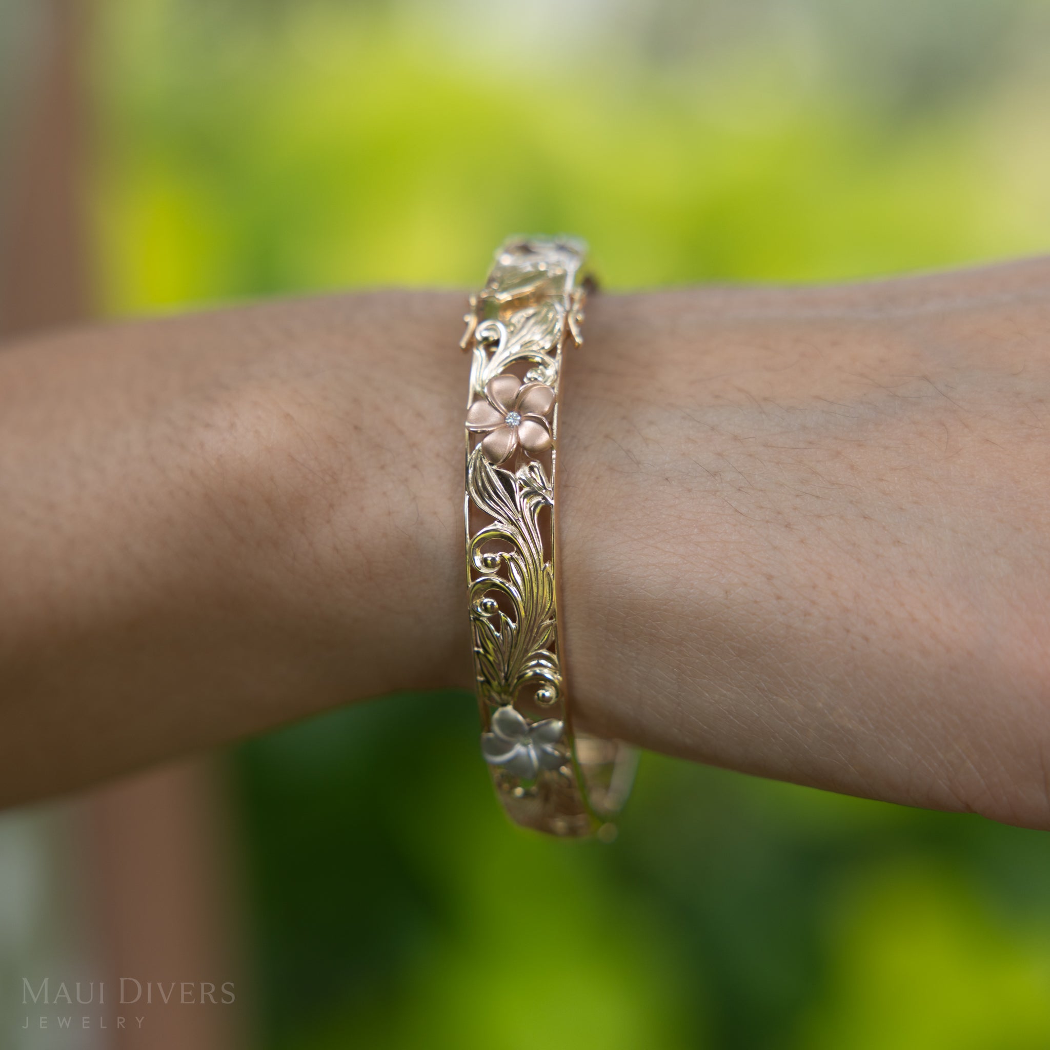 Hawaiian Heirloom Plumeria Diamond Bracelet in Tri Color Gold - 10mm