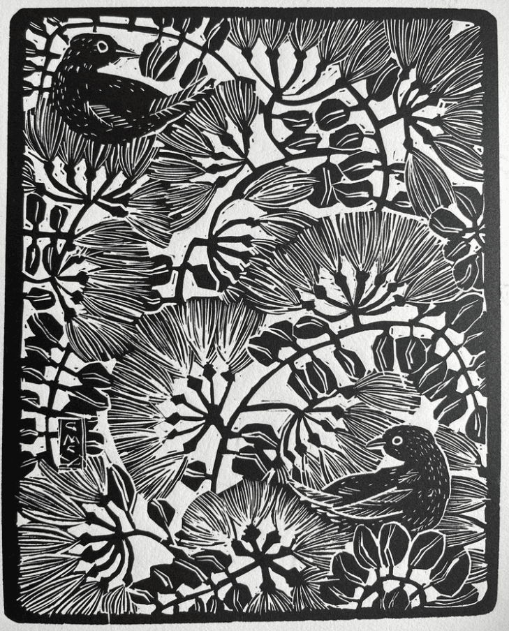 Apapane And 'Ōhi'a - Original Block Print Made In Hawaii - Maui Hands