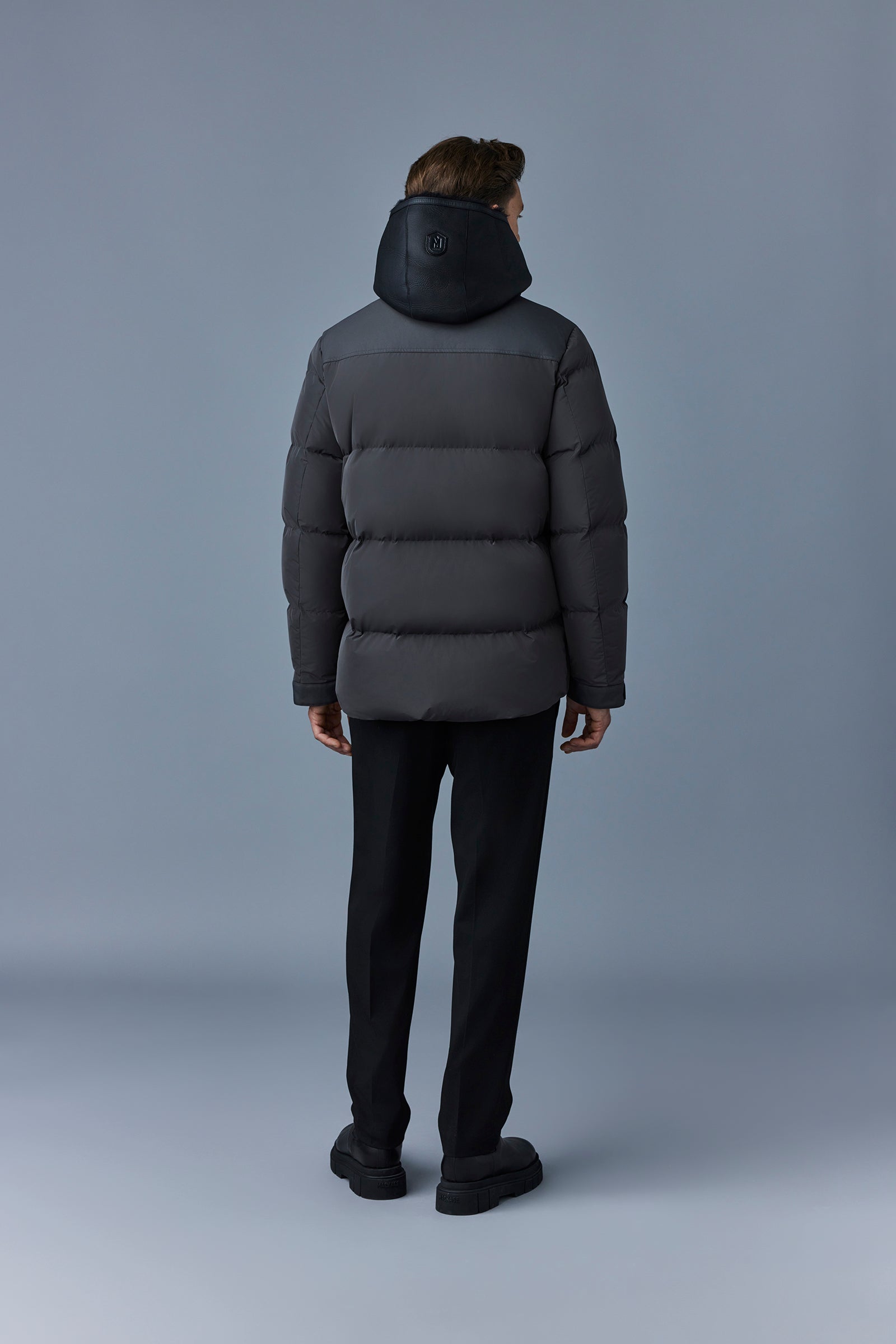 Riley, Classic down jacket with removable shearling bib for men