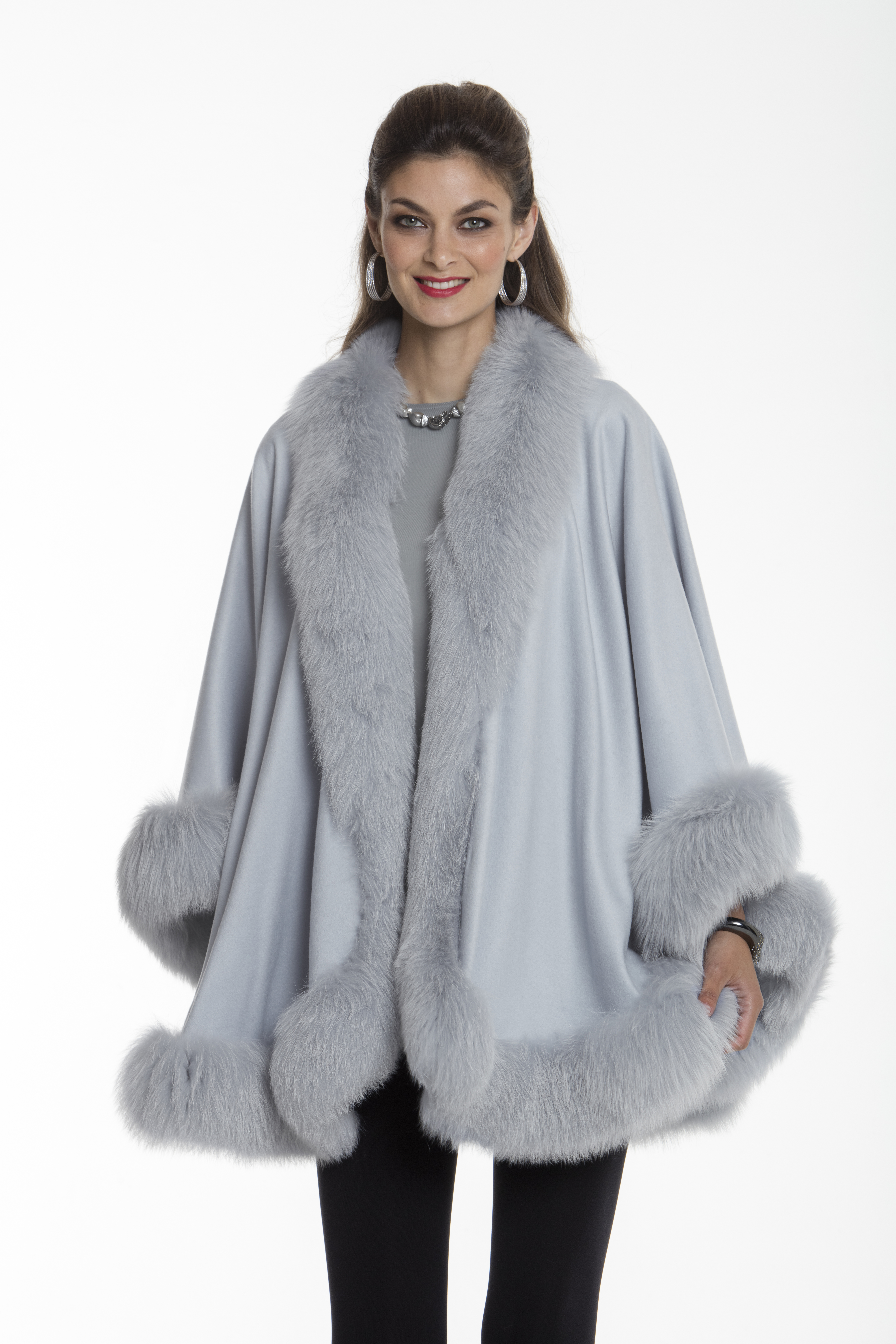 Powder Blue Fox Fur Trimmed Cashmere Cape – Madison Avenue Mall Furs