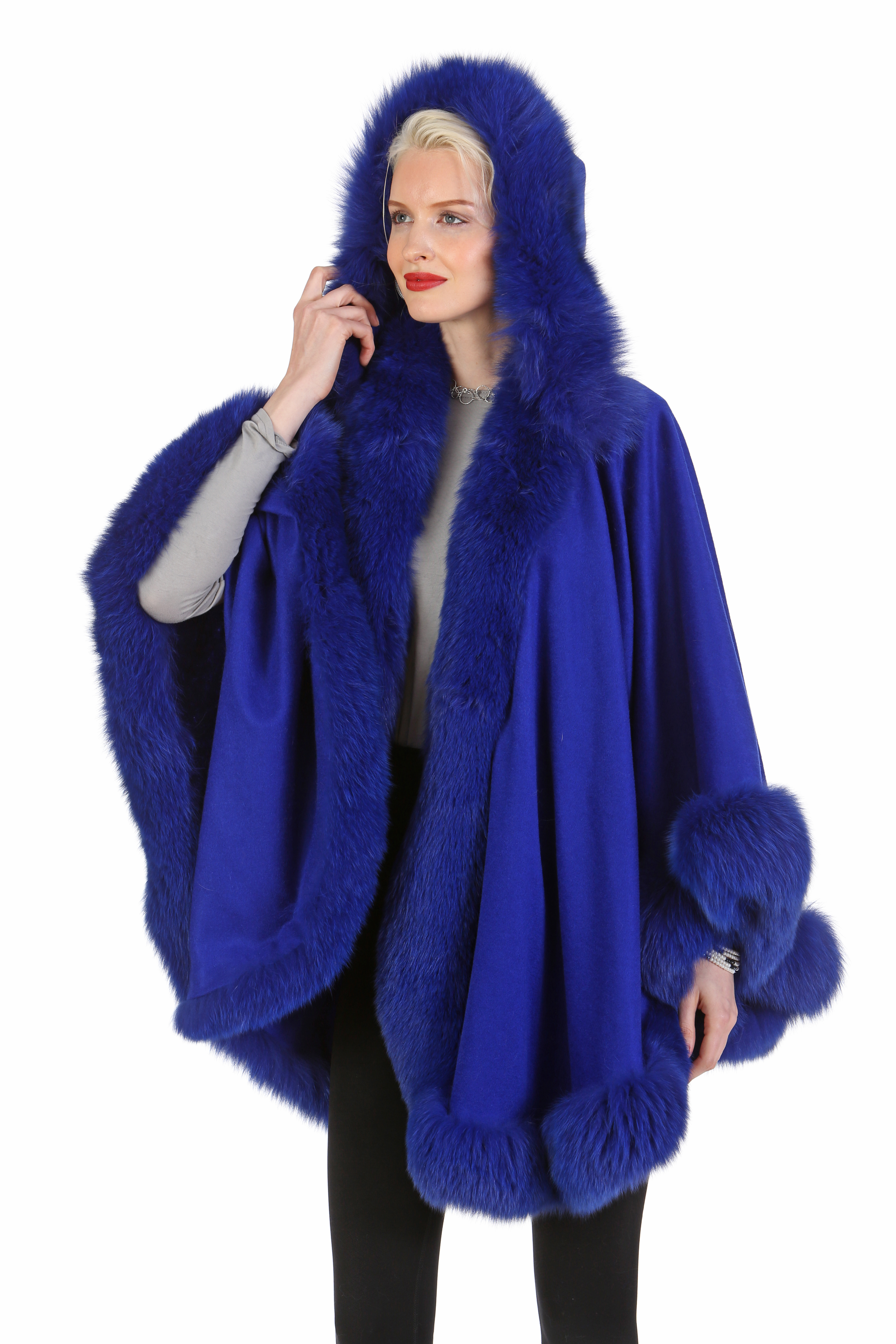 Royal Blue Cashmere Cape – Fox Trim- Detachable Hood – Madison