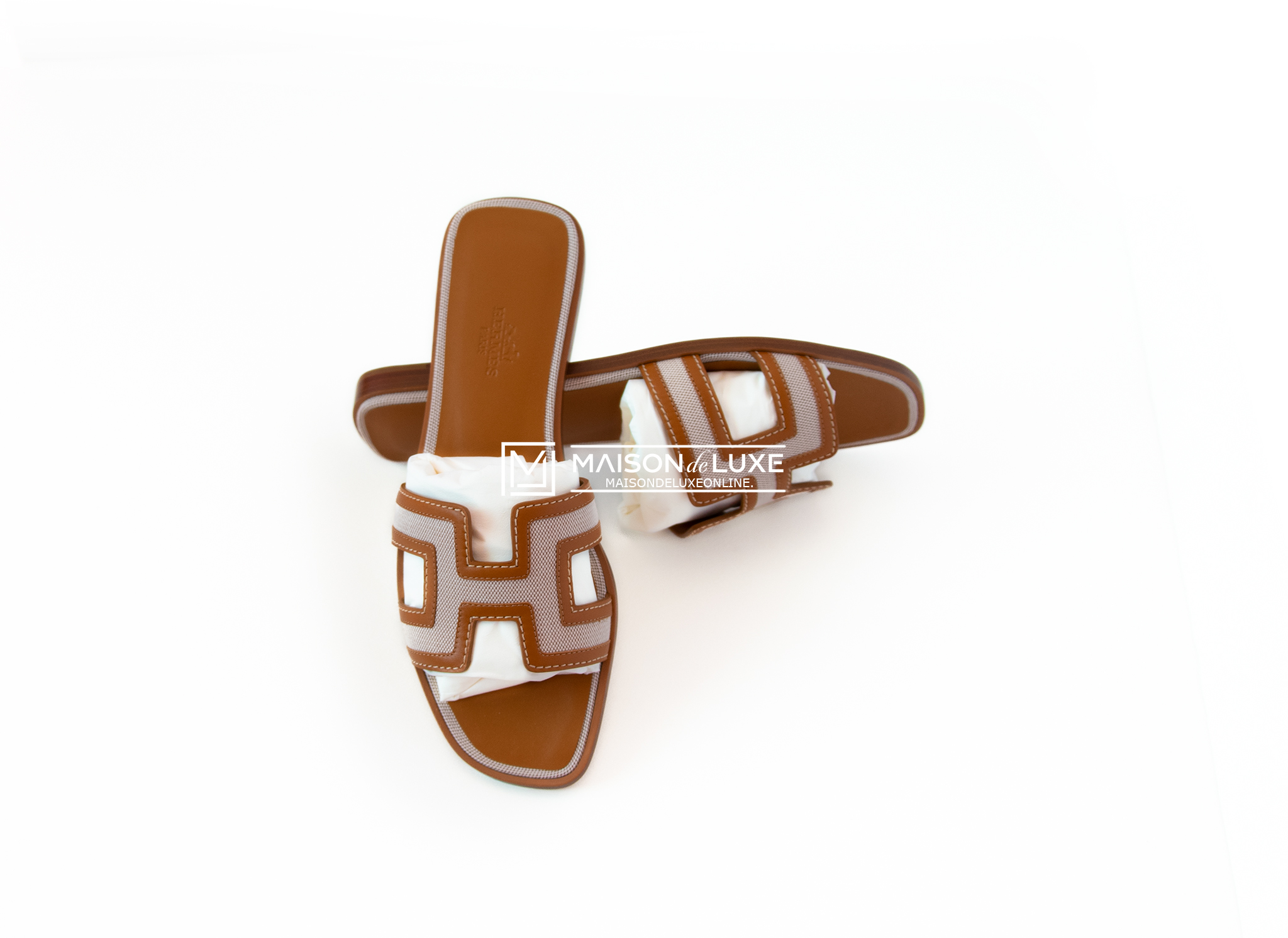 NEW HERMES CANVAS NOISETTE BEIGE ORAN SANDAL SLIPPER 37.5 7.5