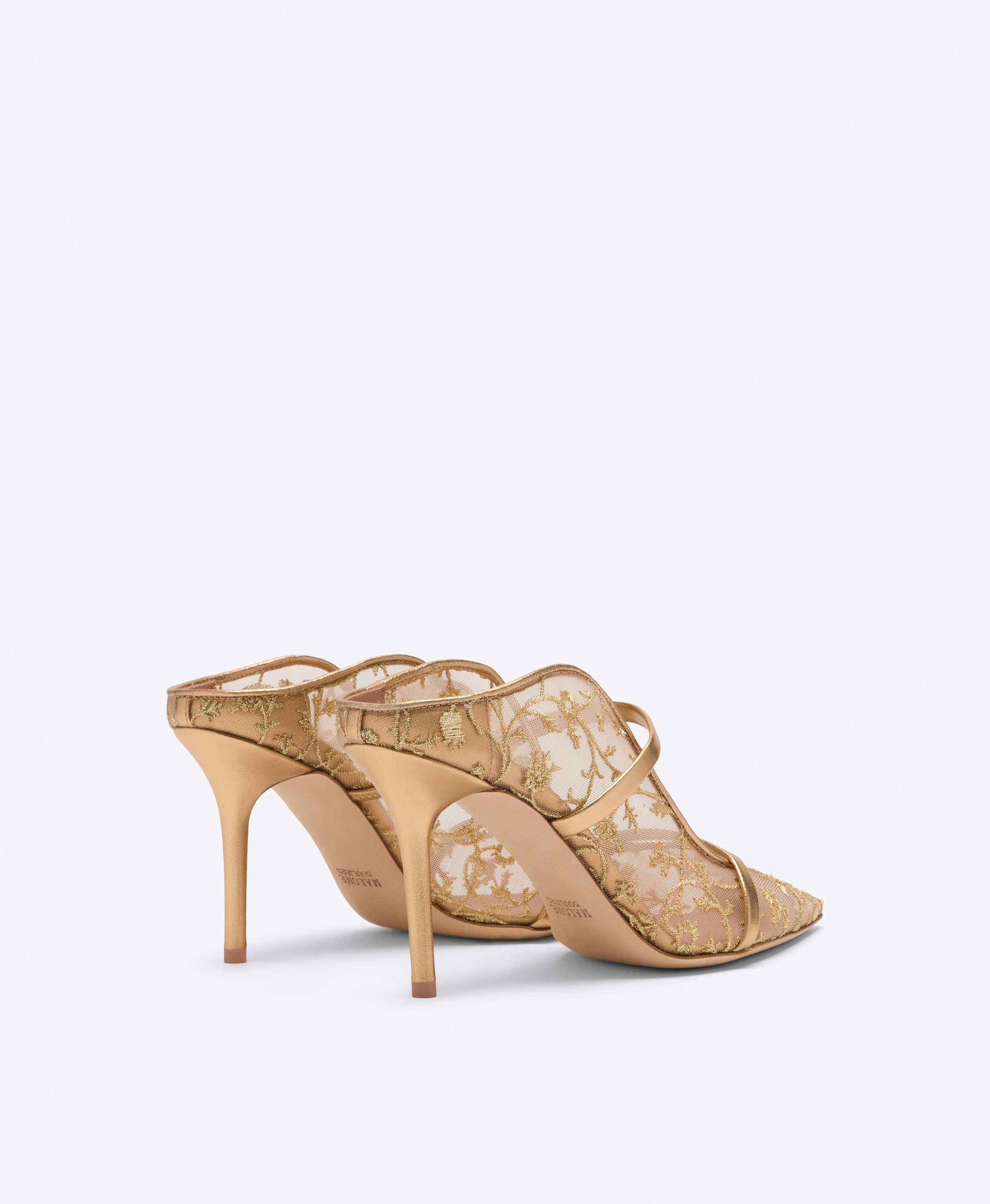Malone Souliers|Maureen 85 Gold Embroidered Mesh Heeled Mules
