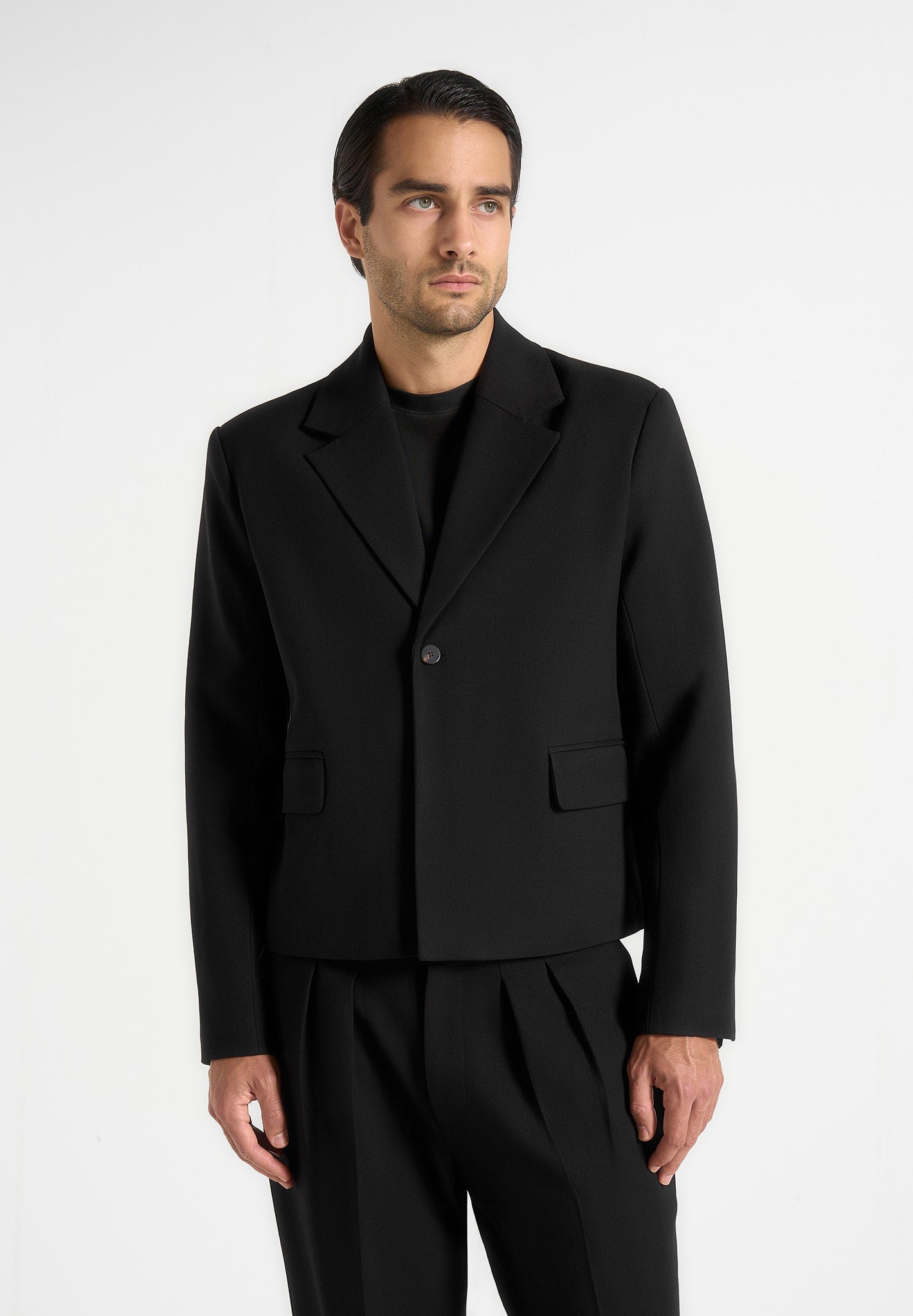 Colin - Collarless Double Breasted Minimal Blazer - Black