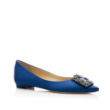 HANGISIFLAT | Blue Satin Jewel Buckle Flat Pumps | Manolo Blahnik