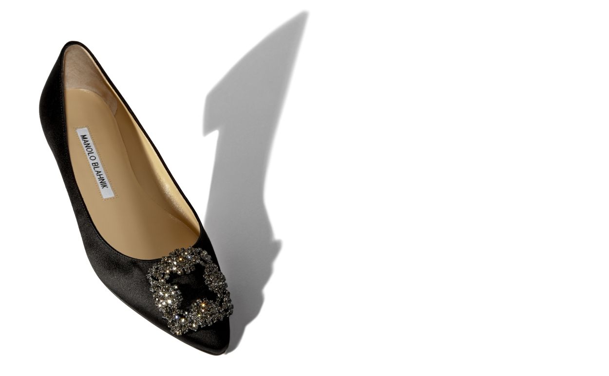 HANGISIFLAT | Black Satin Jewel Buckle Flat Pumps | Manolo Blahnik