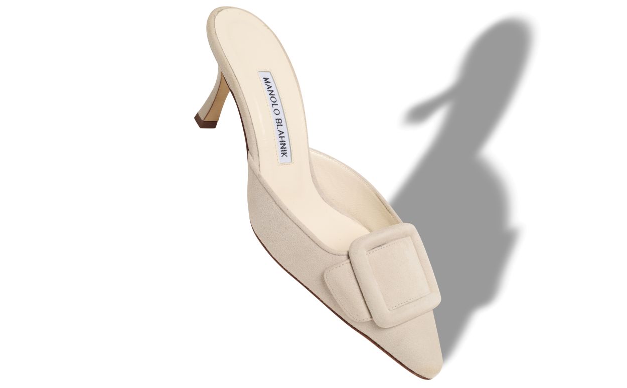 MAYSALE 70 | Light Cream Suede Buckle Detail Mules | Manolo Blahnik