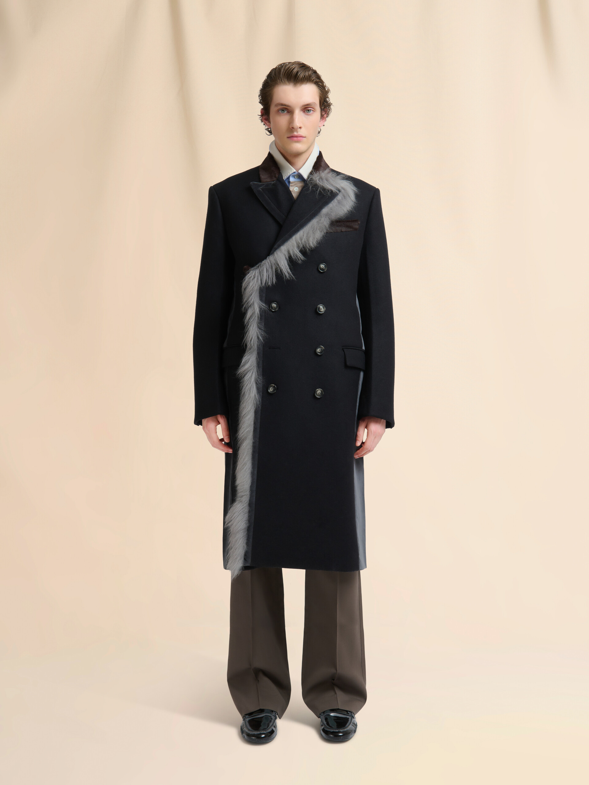 Black wool felt coat with fur trim | Marni