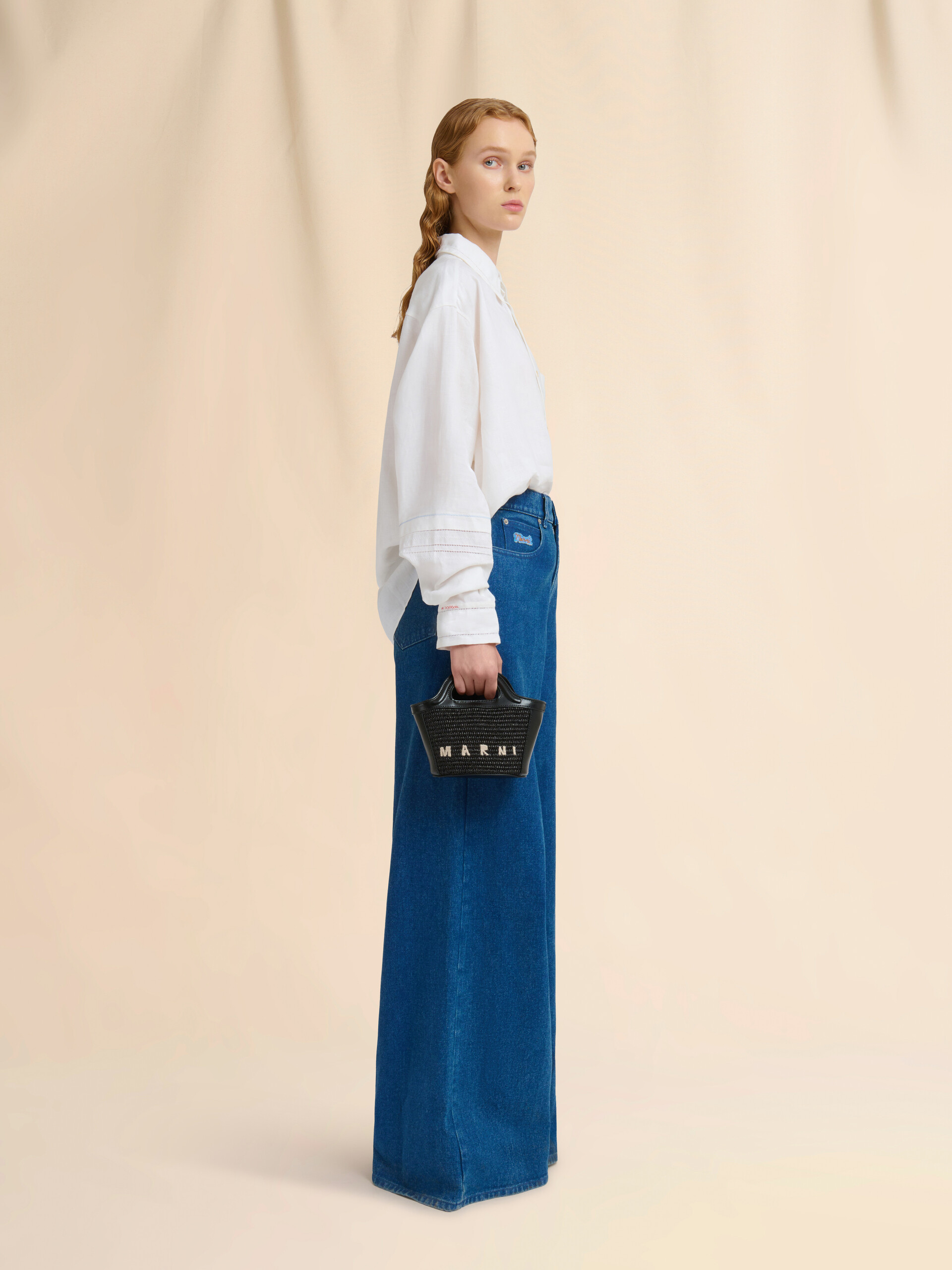 Tropicalia Micro Bag in black leather and raffia-effect fabric | Marni