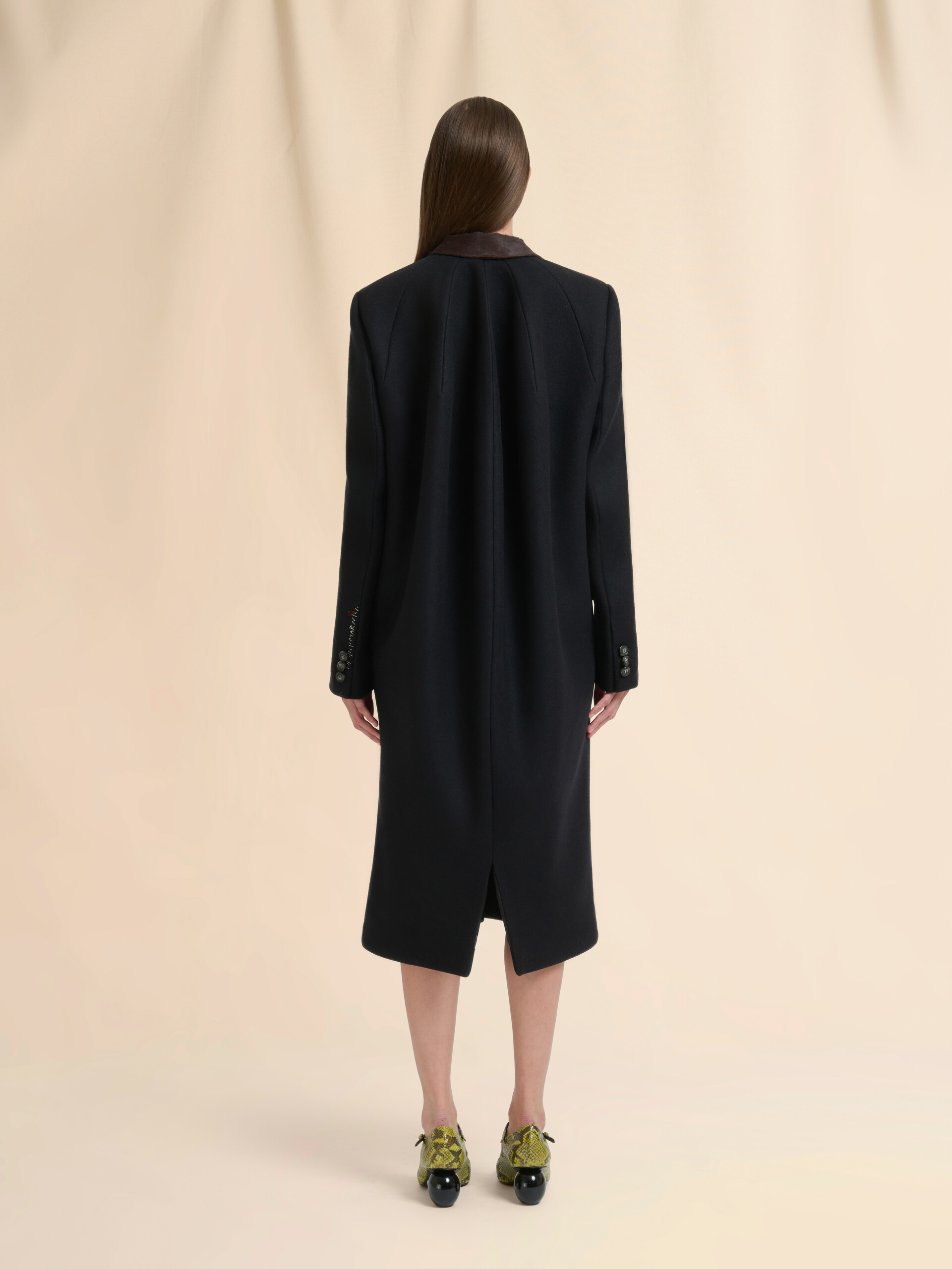 Black wool felt coat with leather details | Marni
