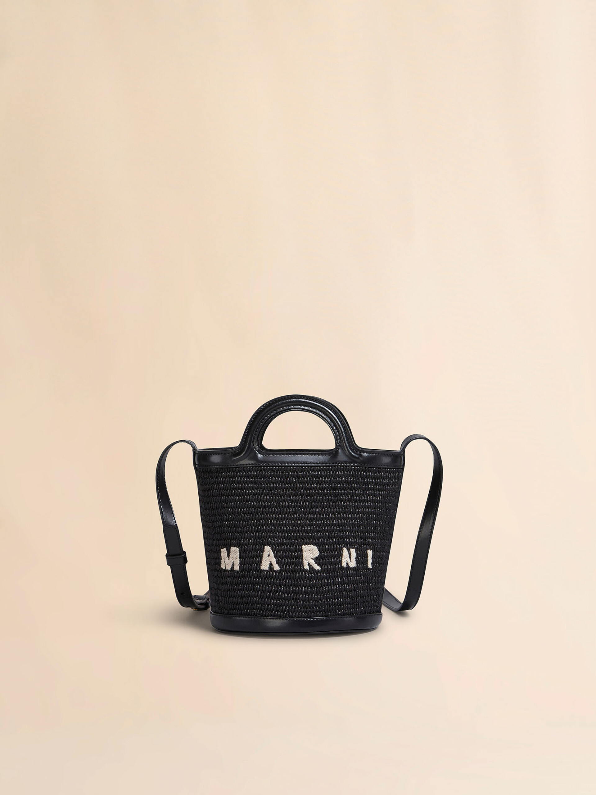 Tropicalia Small Bucket Bag in black leather and raffia-effect
