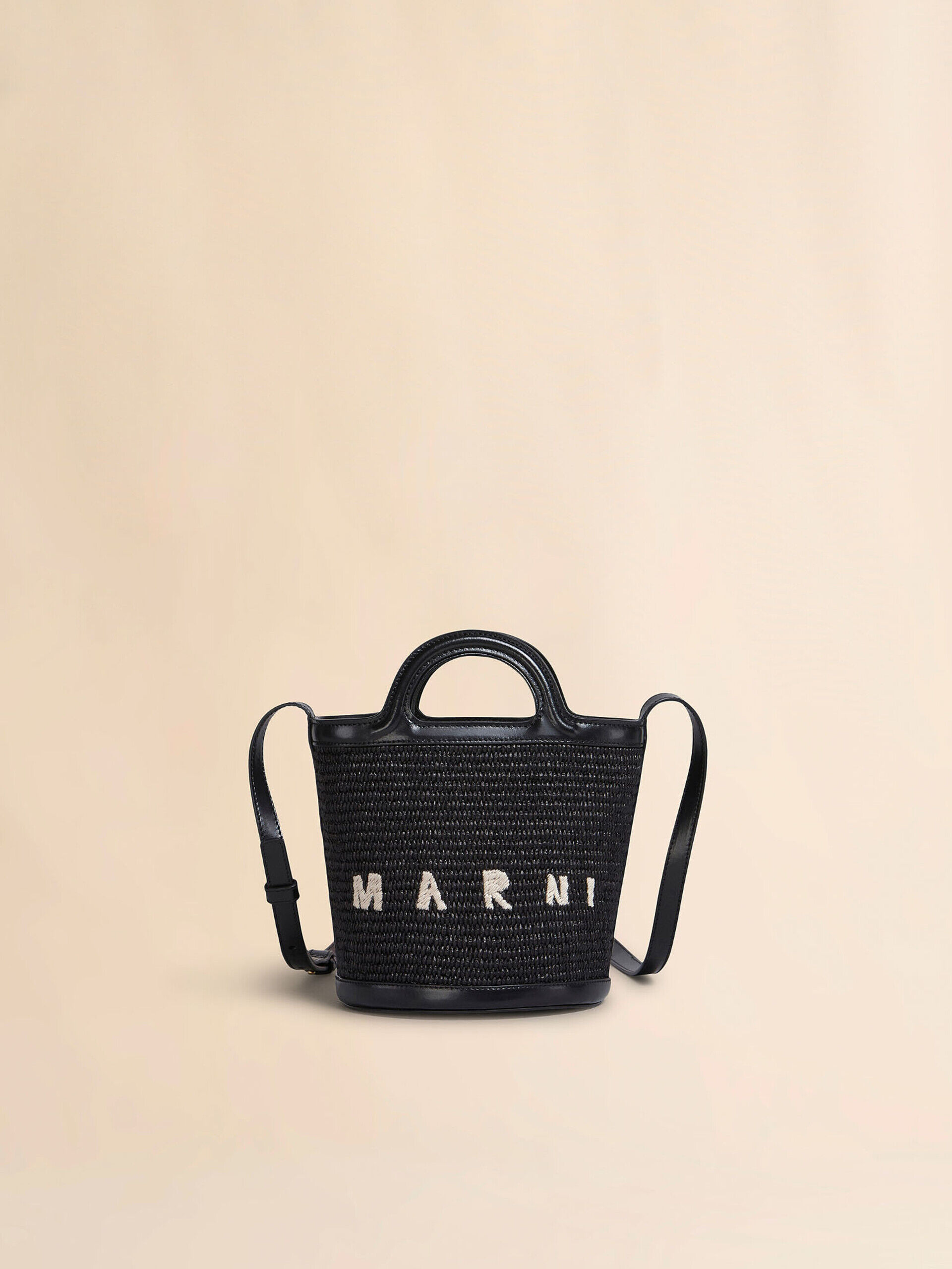 Tropicalia Small Bucket Bag in black leather and raffia-effect