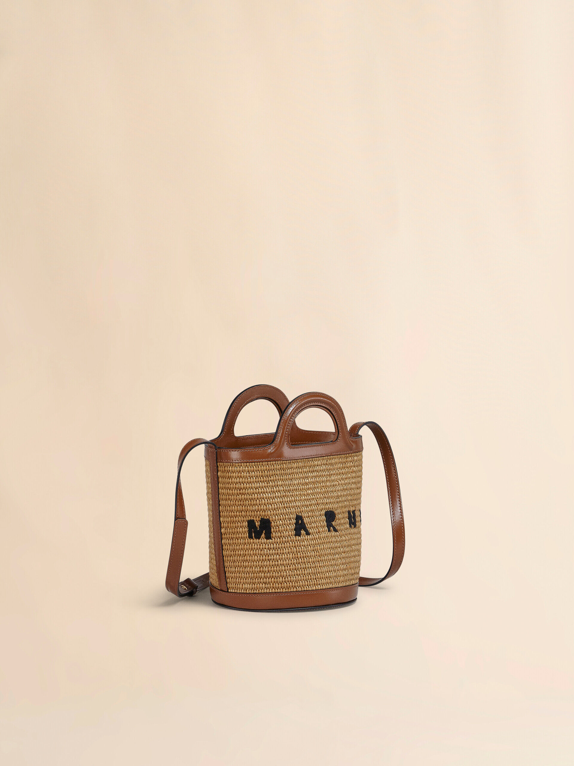 Tropicalia Small Bucket Bag in brown leather and raffia-effect