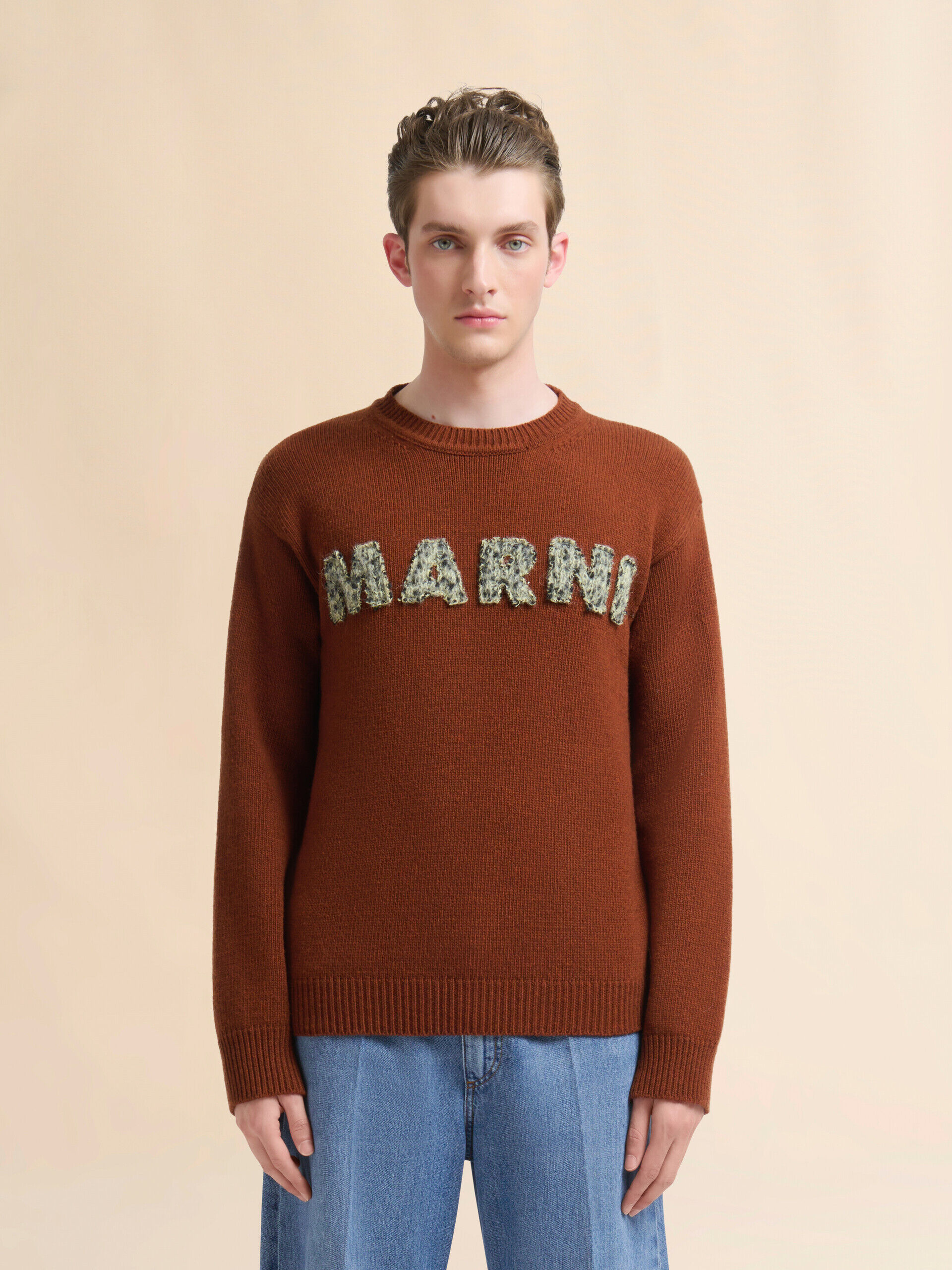 Brown wool sweater with laser-cut Marni logo | Marni