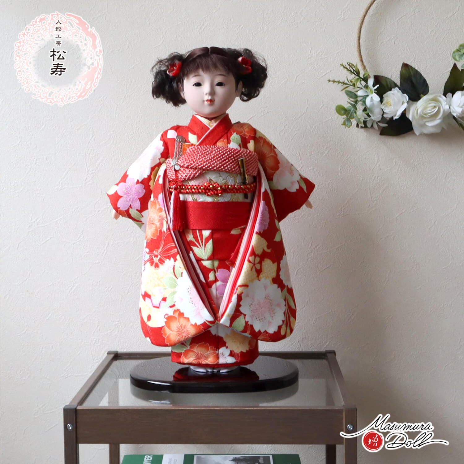 日本人形 赤色衣装 ガラスケース付き 日本人形 赤色 衣装 ガラスケース付き