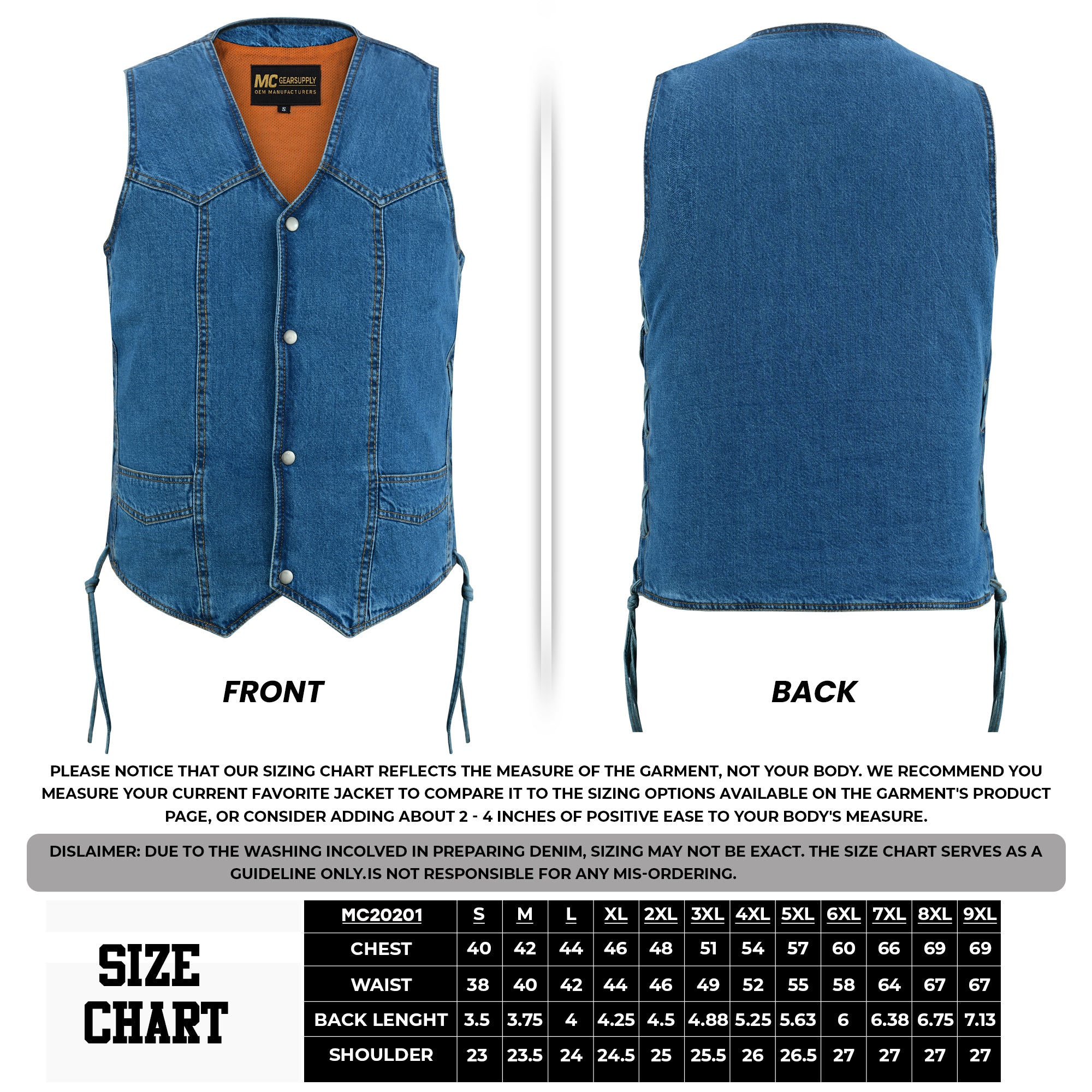 Men's Blue Denim Motorcycle Vest with Side Lacing and Concealed