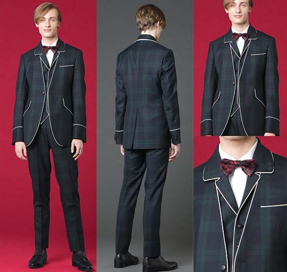 お洒落なブラック×グリーンのチェック柄のタキシード。レッドの蝶タイ