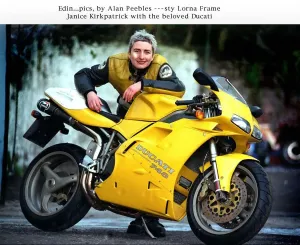 Janice Kirkpatrick with Yellow Ducati 748 Motorcycle Print. Art