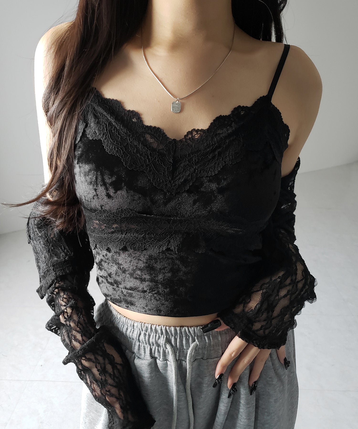 カップ付き 】ダブルレースベロアショートビスチェキャミソール