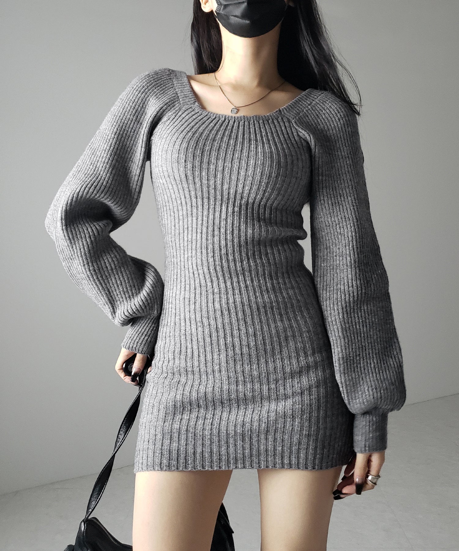 スクエアネックリブニットミニワンピース ／ square neck rib knit